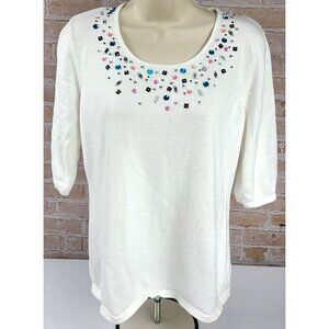 Patchington White Glitter Beads Sequin Sparkle Knit Sweater Top Women's Large